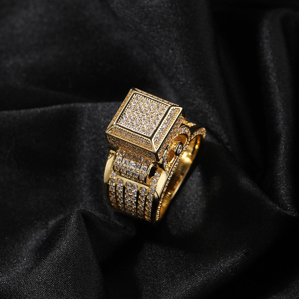 Hip-hop square diamond-encrusted couple ring