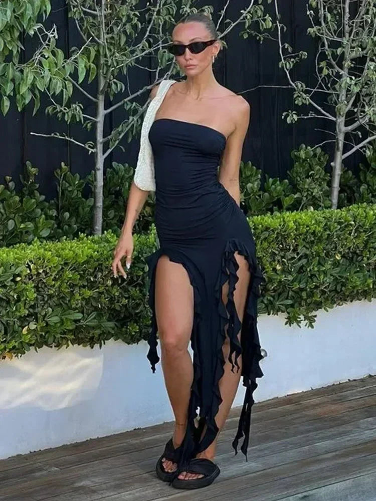 BWQ Long Dresses For Women Slit Sexy Bodycon Sleeveless Jellyfish Dress Hot Girls Fashion Off The Shoulders Maxi Dress Woman