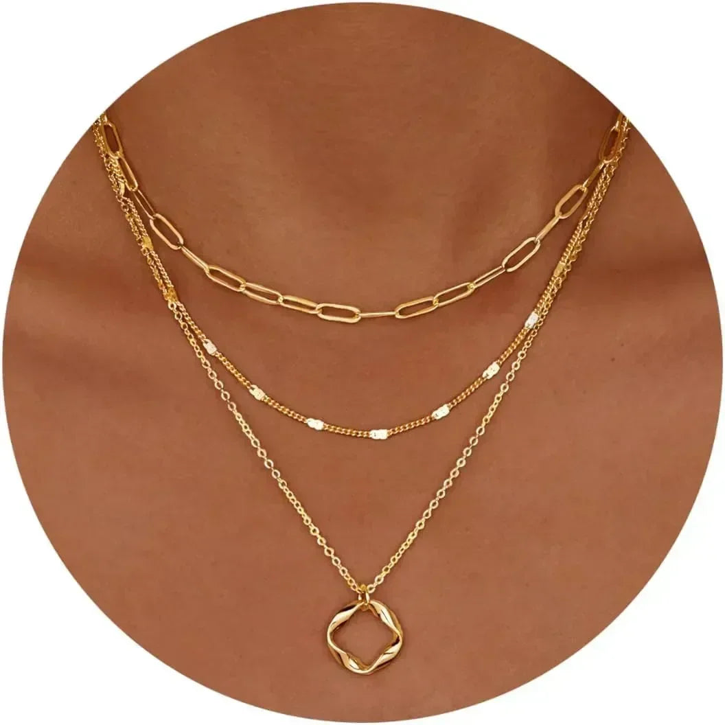 Layered Gold Necklaces for Women Stackable14K Gold Silver Plated Circle Paperclip Chain Pendant Choker Necklace Set For Woman