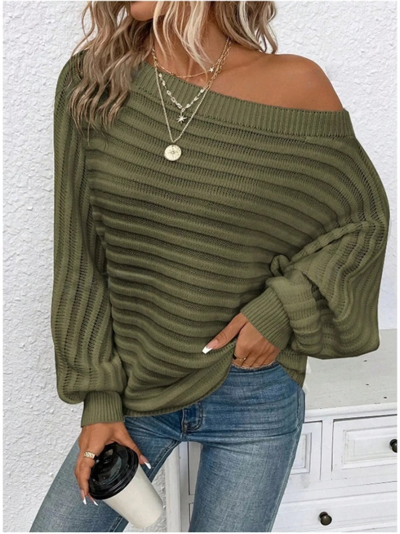 One Shoulder Ribbed Knit Sweater