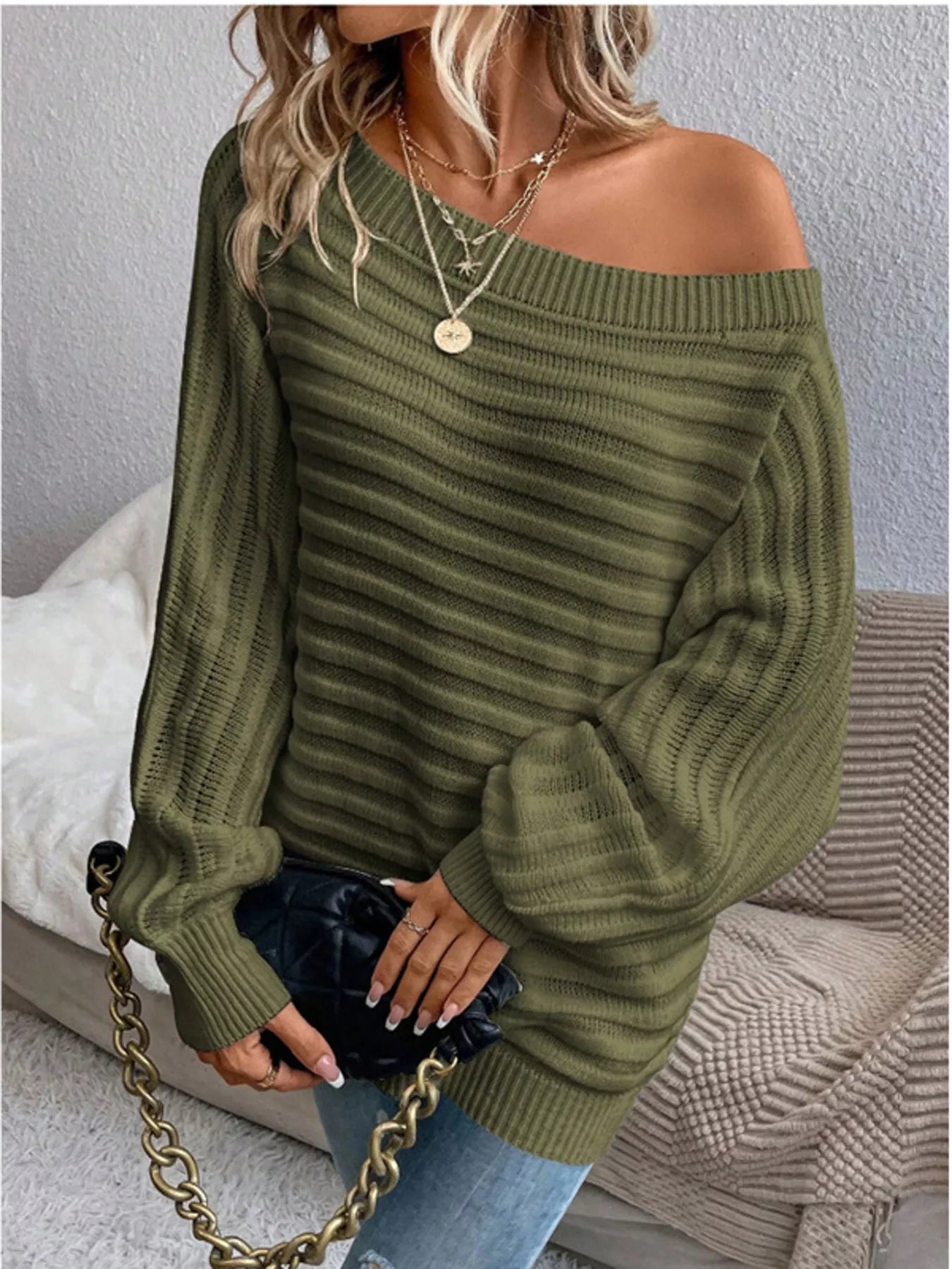 One Shoulder Ribbed Knit Sweater